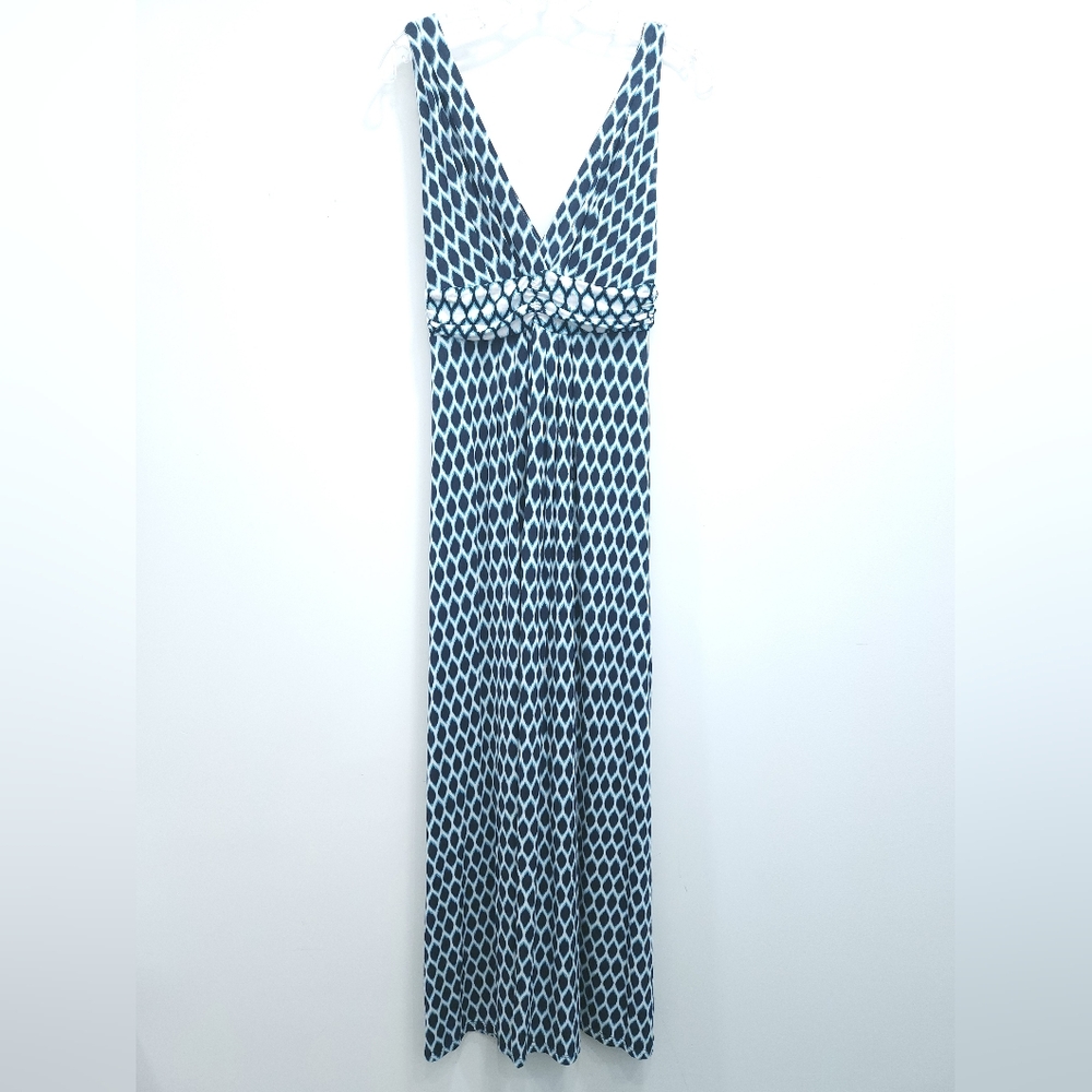 TART Maxi Dress Medium Blue White Abstract Sleeveless V-Neck and Deep V-Back